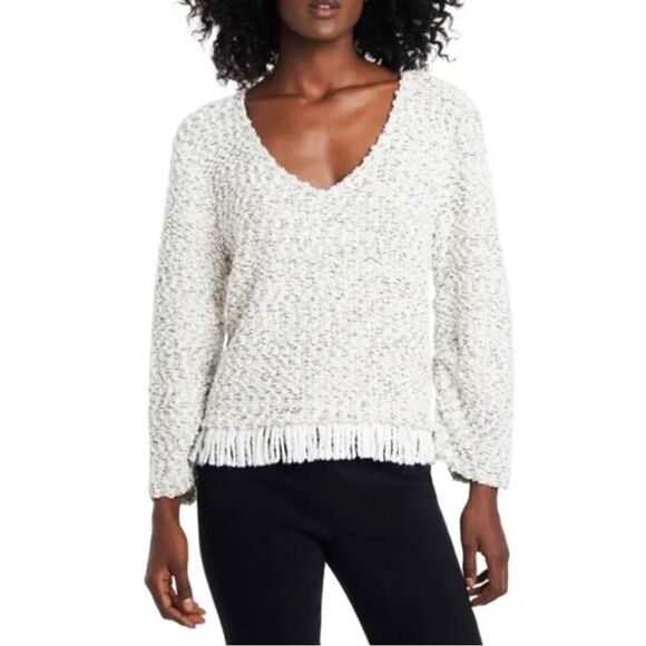 Vince Camuto Ruched Sleeve Boucle Fringe Pullover Pearl Ivory Size L - Picture 1 of 7